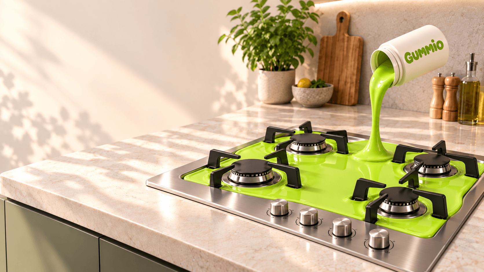 Gummio verde lime sotto le griglie di un piano cottura a quattro fuochi, con il barattolo crema a fianco