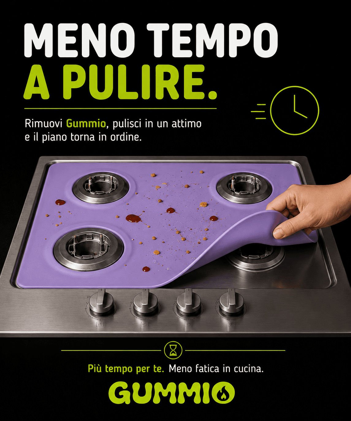 Una mano solleva Gummio lilla da un piano cottura a quattro fuochi