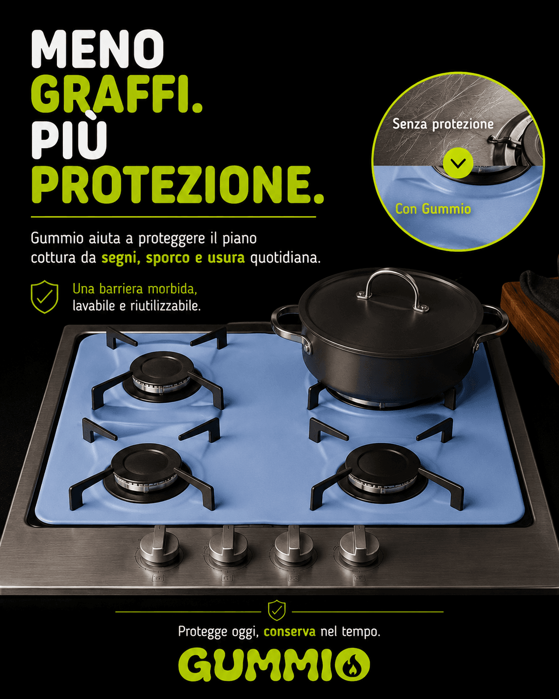 Gummio azzurro applicato su un piano cottura a quattro fuochi