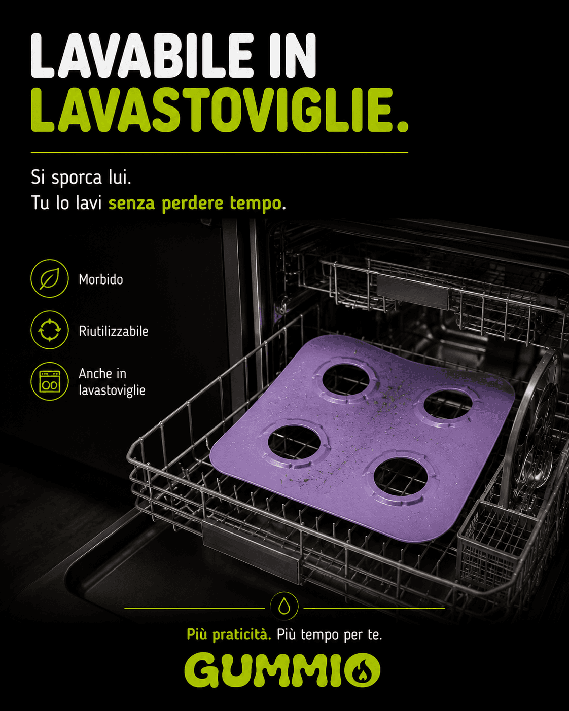 Gummio lilla disposto nel cestello di una lavastoviglie