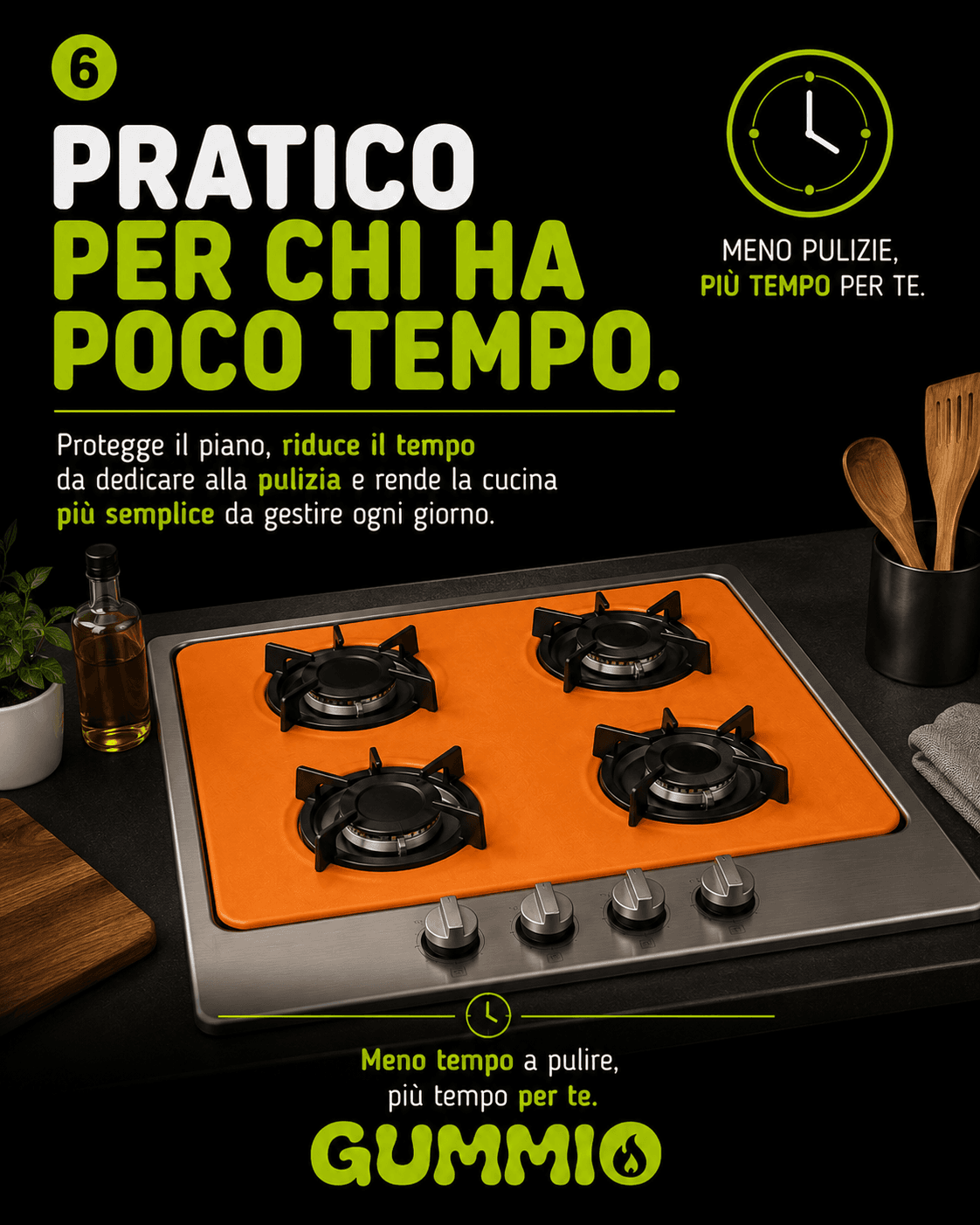 Piano cottura a quattro fuochi protetto da Gummio arancio